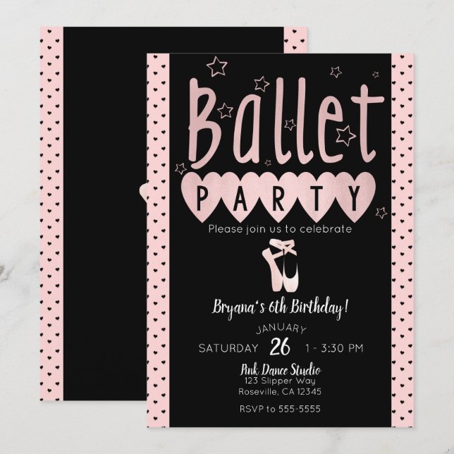 Invitación Ballet Rosado y Negro Ballerina Moda Fiesta de cum (Anverso / Reverso)