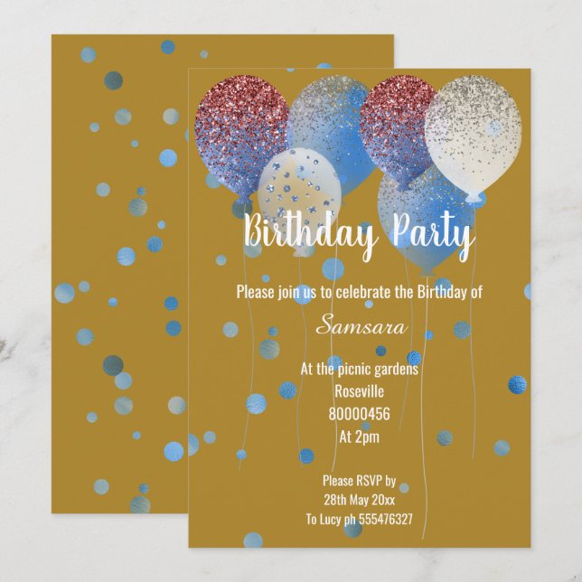 INVITACIÓN BALLÓN DE CUMPLEAÑOS BLANCO Y AZUL ORO (Anverso / Reverso)