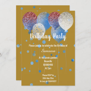 INVITACIÓN BALLÓN DE CUMPLEAÑOS BLANCO Y AZUL ORO