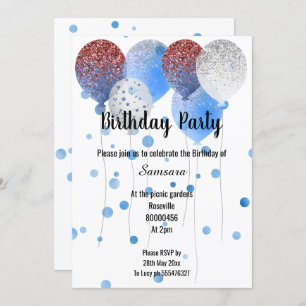 INVITACIÓN BALLÓN DE CUMPLEAÑOS ROJO BLANCO Y AZUL APOSTADO