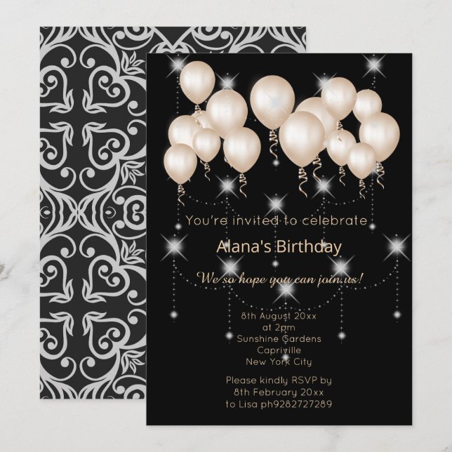 INVITACIÓN BALLÓN DE PLATA NEGRA DE DAMASK MODERNO (Anverso / Reverso)