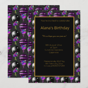 INVITACIÓN BALLÓN DE PURPLE NEGRO BRILLANTE TODA OCASIÓN