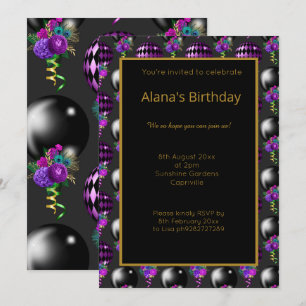 INVITACIÓN BALLÓN DE PURPLE NEGRO DIVERTIDO TODA OCASIÓN
