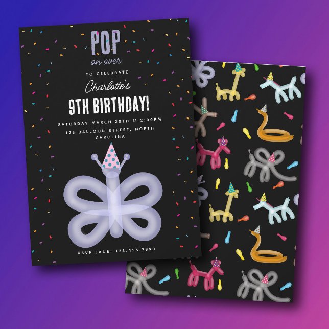 Invitación Balloon Animals Butterfly Kids Birthday Party (Balloon Animals Butterfly Kids Birthday Party Invitation)