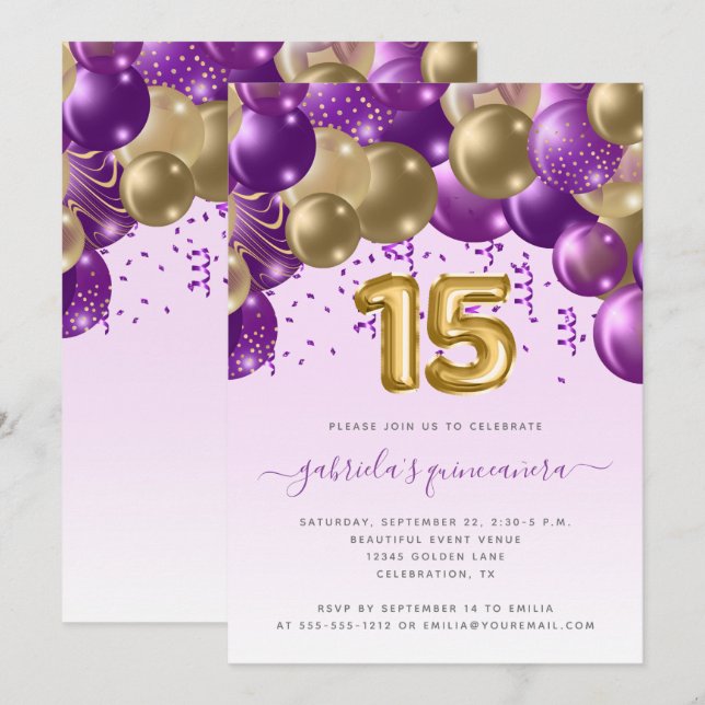 Invitación Balloon Arch Purple Gold Quinceañera (Anverso / Reverso)