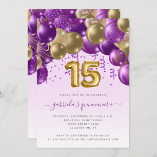 Invitación Balloon Arch Purple Gold Quinceañera