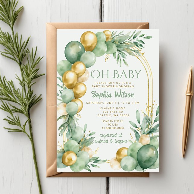 Invitación Balloon Arch Sage Gold Género Neutral Baby Shower (Balloon Arch Sage Gold Gender Neutral Baby Shower Invitation)