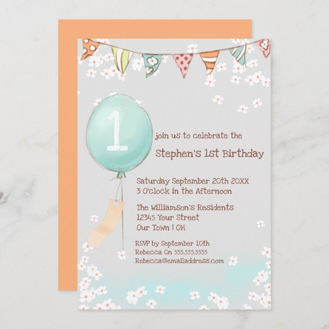 Invitación Balloon Baby Boy 1er cumpleaños (Anverso / Reverso)