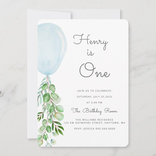 Invitación Balloon Baby Boy 1er cumpleaños Primer Eucalyptus  (Anverso)