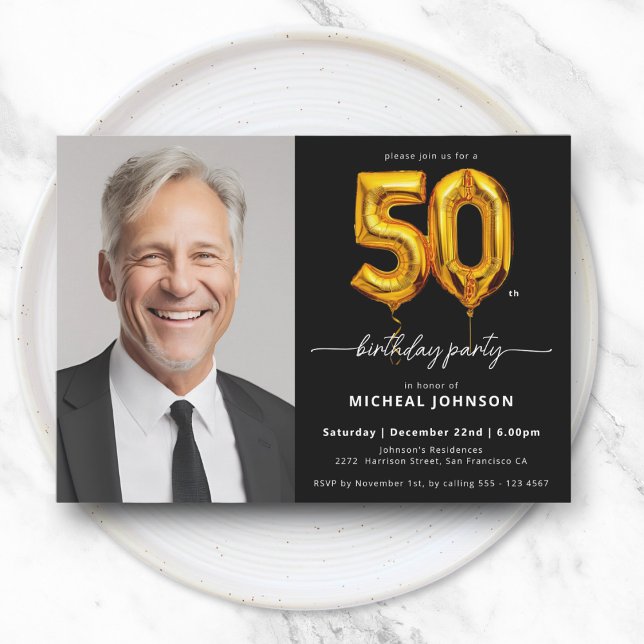 Invitación Balloon Black Gold 50 cumpleaños (Balloon Black Gold 50th Birthday Invitation
)