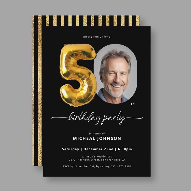 Invitación Balloon Black Gold 50 cumpleaños (Black Gold Balloon 50th Birthday Invitation)