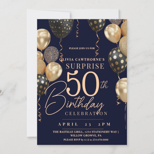 Invitación Balloon Gold y Blue 50th Photo Birthday (Anverso)