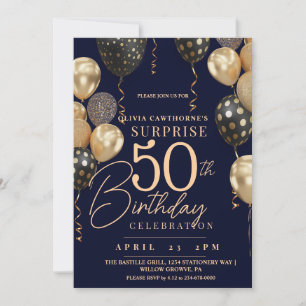 Invitación Balloon Gold y Blue 50th Photo Birthday
