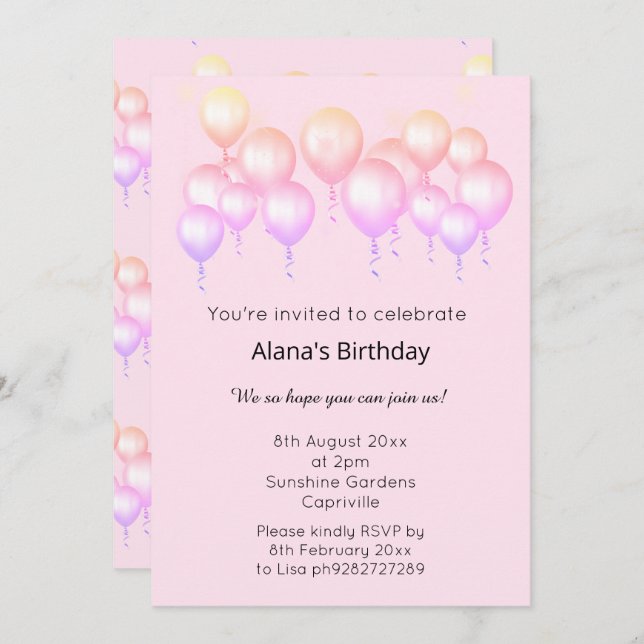 INVITACIÓN BALLOON MODERNO ELGANT BONITO PASTEL CUMPLEAÑOS (Anverso / Reverso)