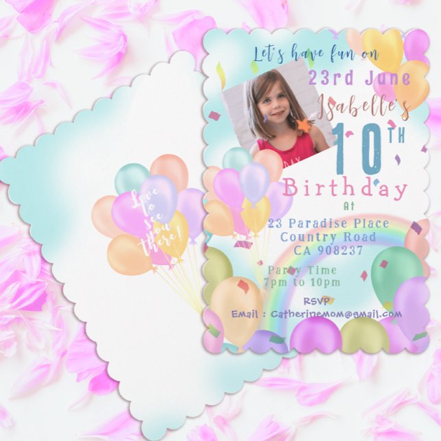Invitación Balloon Pastel Photo Birday (Sweet Balloons and rainbow single photo birthday invitation card.)