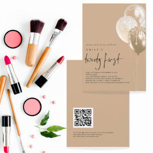 Invitación Balloons Gold Ivory Código QR 21ª Fiesta de cumple