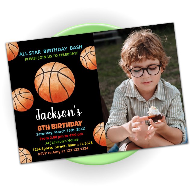 Invitación Balls Naranja Negro Baloncesto Fotos de cumpleaños (Subido por el creador)