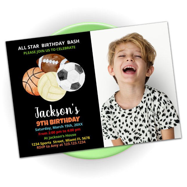 Invitación Balls Naranja Negro Sports Birday con foto (Subido por el creador)