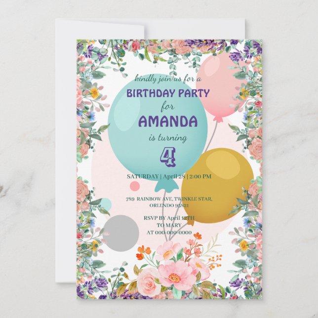 Invitación Balón acuarela gradiente floral Fiesta de cumpleañ (Anverso)