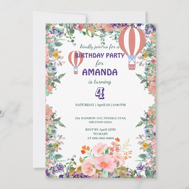 Invitación Balón acuarela gradiente floral Fiesta de cumpleañ (Anverso)