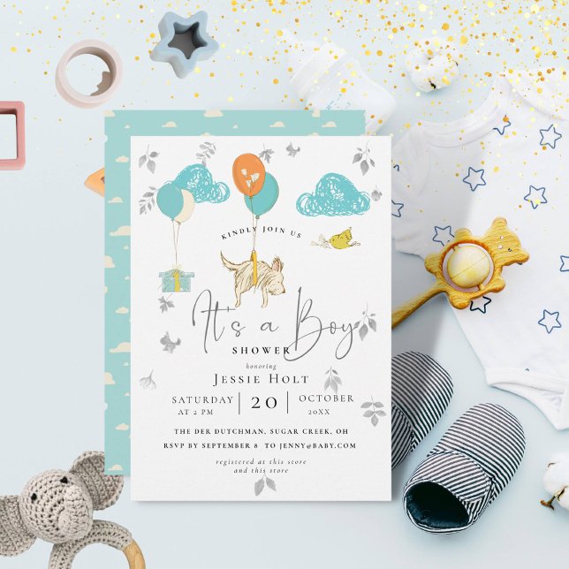 Invitación Balón acuático cachorro niño niño ducha (Darling Baby Boy Shower with floating balloons and puppy.)