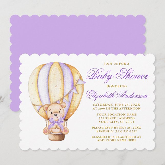 Invitación Balón acuático Teddy Bear Baby Shower púrpura (Anverso / Reverso)
