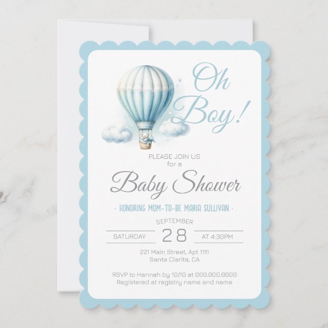 Invitación Balón acuático y oso Oh Boy Baby Shower (Anverso)