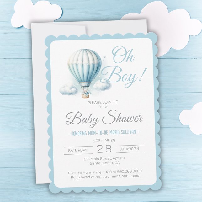 Invitación Balón acuático y oso Oh Boy Baby Shower (Watercolor Balloon & Bear Oh Boy Baby Shower Invitation
)