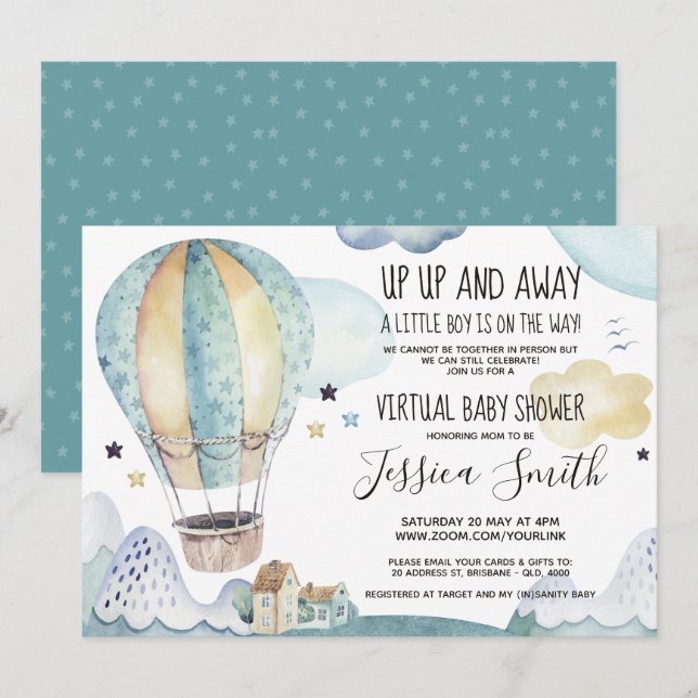 Invitación Balón aéreo azul | Baby Shower virtual (Anverso / Reverso)