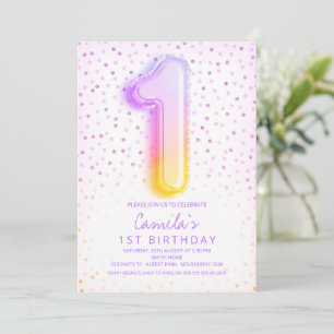 Invitación Balón arcoiris Letra número uno primer cumpleaños