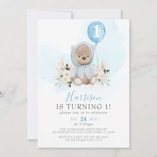 Invitación Balón azul Boho Teddy Bear Primer cumpleaños (Anverso)