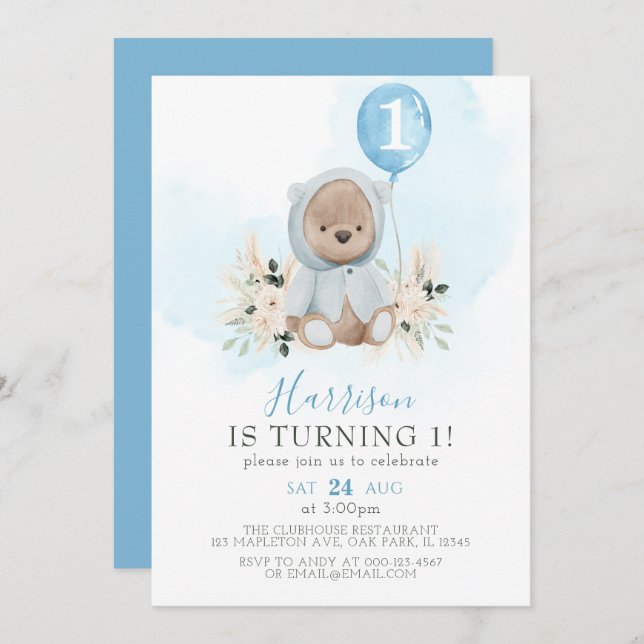 Invitación Balón azul Boho Teddy Bear Primer cumpleaños (Anverso / Reverso)
