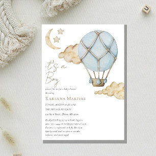 Invitación Balón azul de aire caliente blanco es un niño Baby