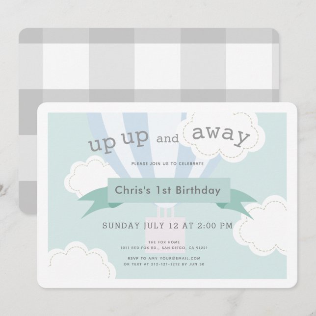 Invitación Balón azul de aire caliente de arriba a abajo prim (Anverso / Reverso)