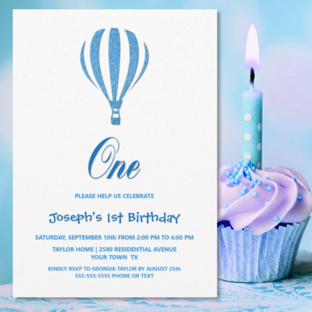 Invitación Balón azul de aire caliente Fiesta de cumpleaños 1 (Subido por el creador)