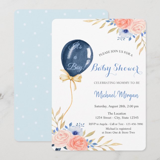 Invitación Balón azul de flores,puntos Baby Shower (Anverso / Reverso)