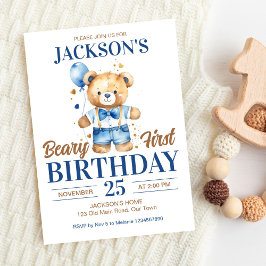 Invitación Balón azul de peluche beary first boys lindo