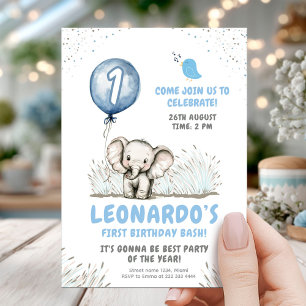 Invitación Balón azul elefante lindo primer cumpleaños