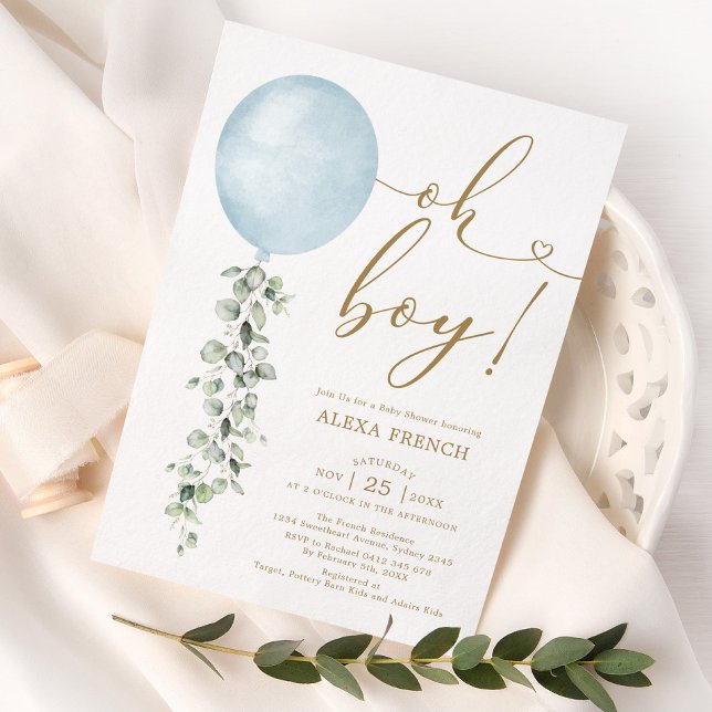 Invitación Balón azul minimalista Eucalyptus Boy Baby Shower (Subido por el creador)