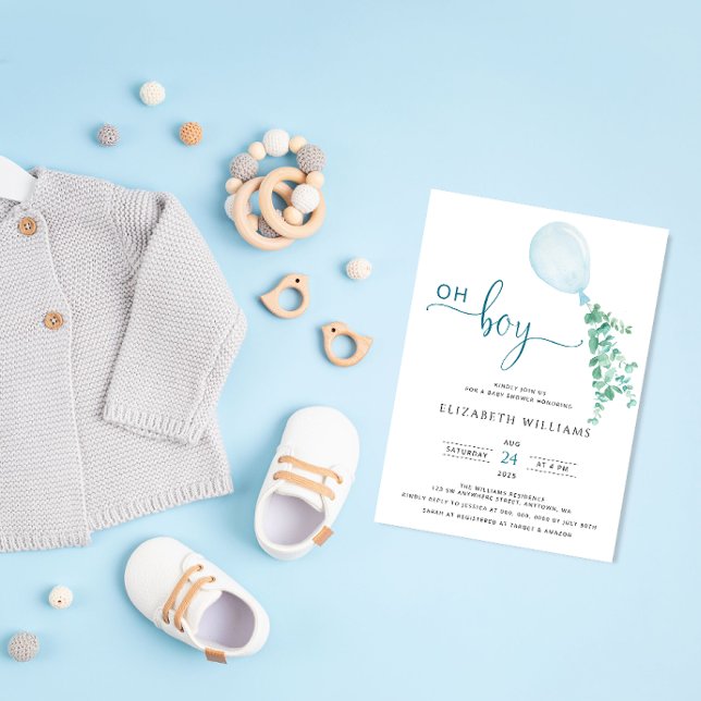 Invitación Balón azul minimalista Eucalyptus Boy Baby Shower (Subido por el creador)