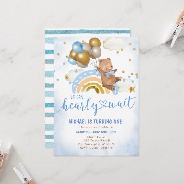 Invitación Balón azul y oro Teddy Bear fiesta de cumpleaños  (Anverso/Reverso In Situ)