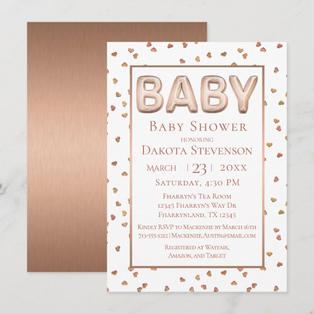 Invitación Balón bebé | Elegante Rosa Gold Baby Shower (Anverso / Reverso)