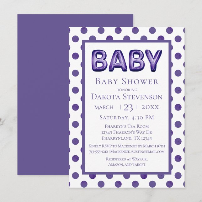 Invitación Balón bebé | Real Violet Purple Baby Shower (Anverso / Reverso)