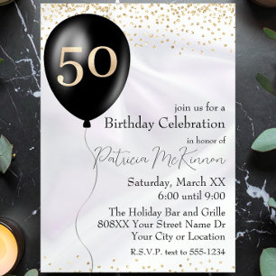 Invitación Balón blanco negro y dorado satén 50 cumpleaños