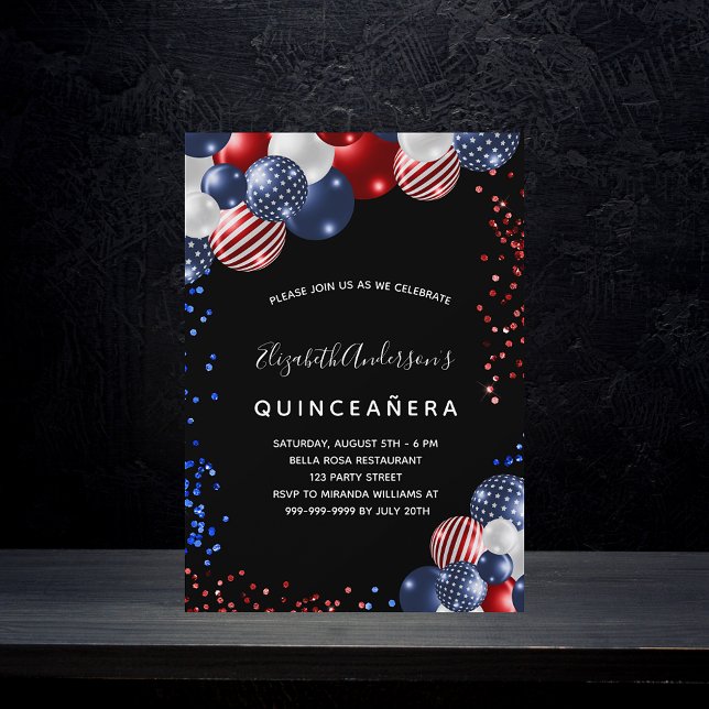 Invitación Balón blanco rojo negro y patriótico de Quinceaner (Subido por el creador)