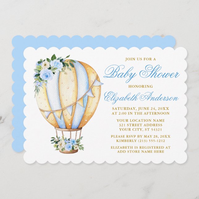 Invitación Balón de aire Baby Shower Floral azul acuático (Anverso / Reverso)