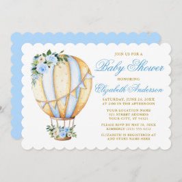 Invitación Balón de aire Baby Shower Floral azul acuático