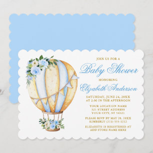 Invitación Balón de aire Baby Shower Floral azul acuático