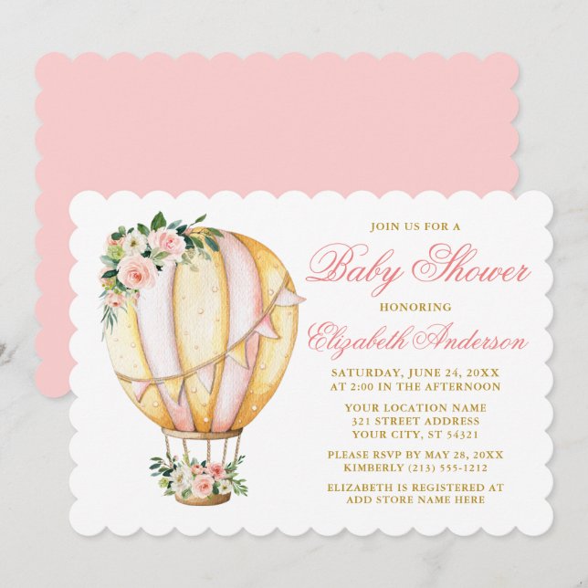 Invitación Balón de aire Baby Shower floral rosa acuarela (Anverso / Reverso)