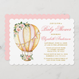 Invitación Balón de aire Baby Shower floral rosa acuarela